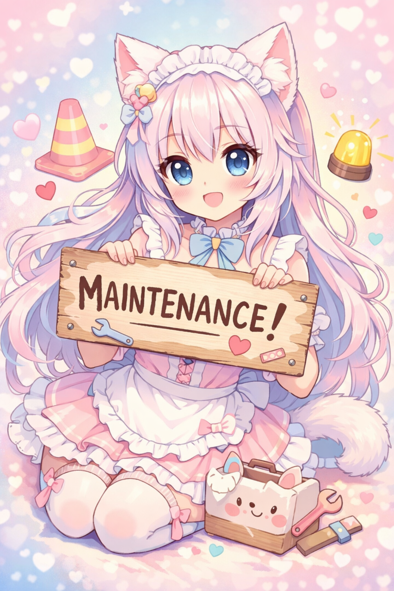 Catgirl holding a maintenance sign.