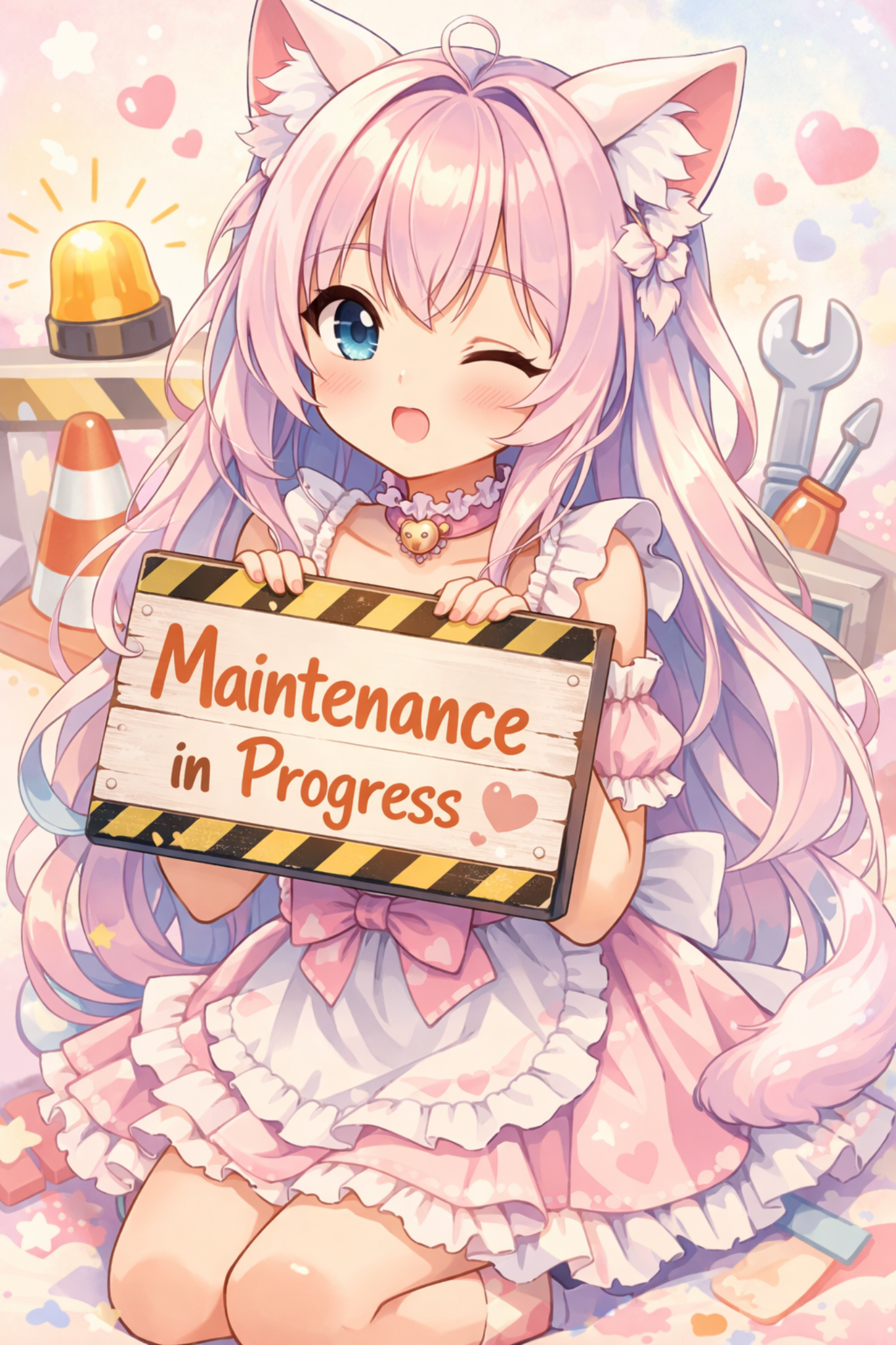 Catgirl holding a maintenance in progress sign.