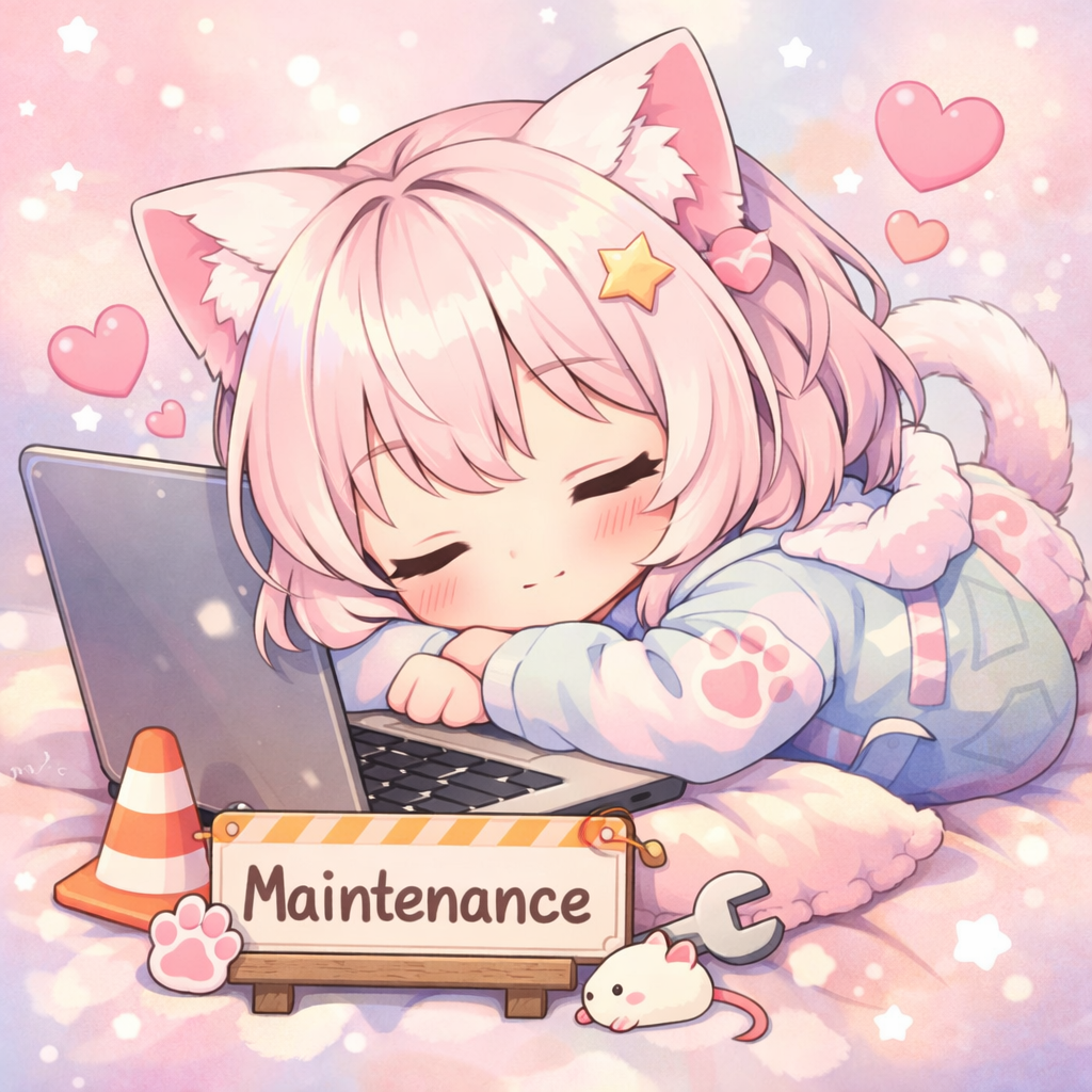 Chibi catgirl sleeping on a laptop during maintenance.